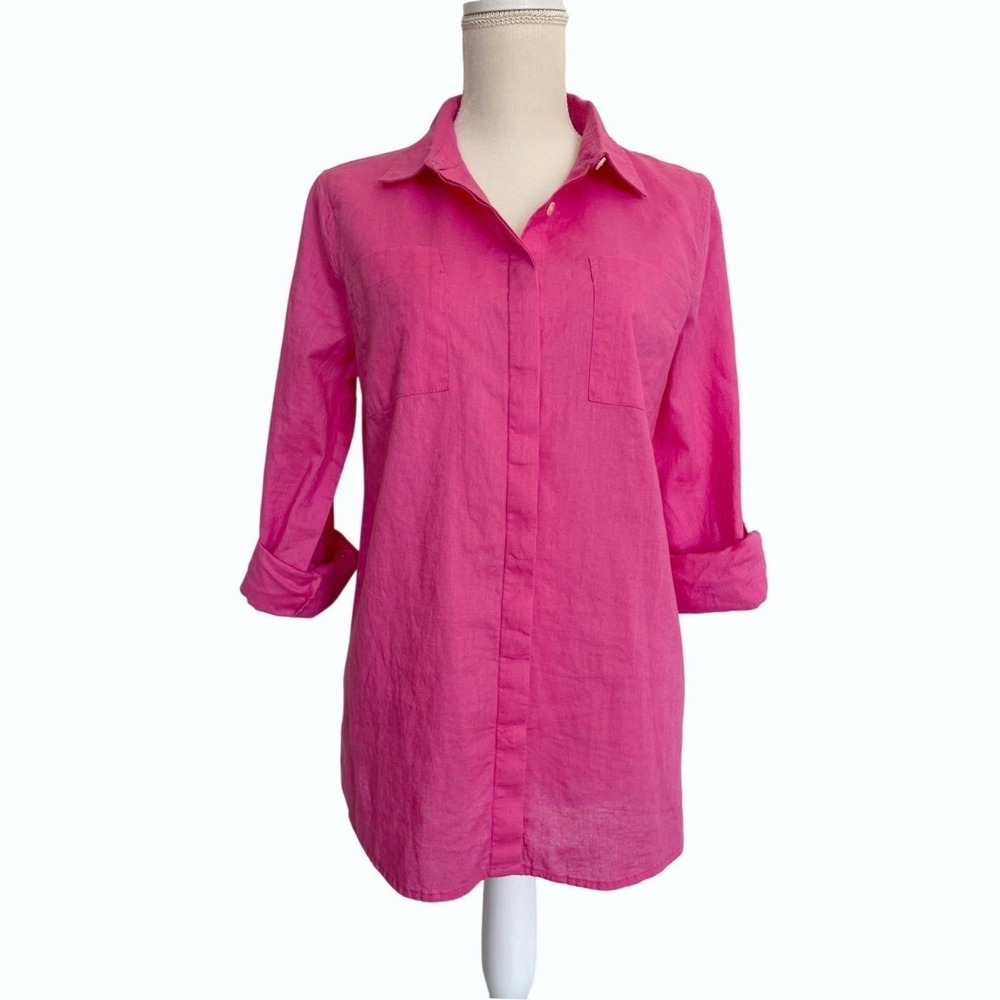 NWOT Per‎ Se Womens Pink Linen Blend Button-Up Shirt M Beachy Lightweight Summer